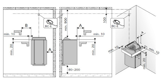poele harvia vega compact - schema montage et distances dans cabine sauna vapeur