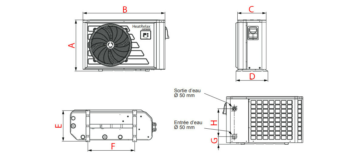 schéma des dimensions de la pompe à chaleur Hayward Heat Relax 