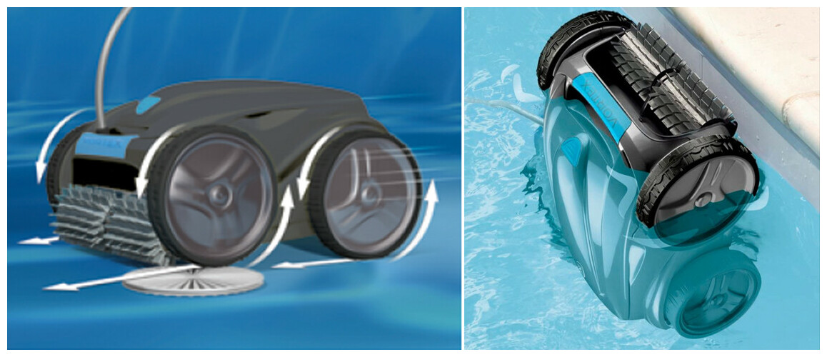 Robot piscine VORTEX 4WD Zodiac. Pour piscines 12x6 m. Nettoie fond, parois  et ligne d'eau. Indicateur de filtre plein. Câble swivel de 18 m avec  système anti-emmêlement + chariot. OV 5300 SW 