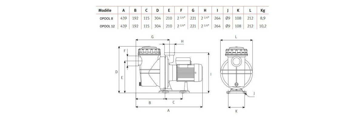 dimensions de la Pompe de filtration piscine O'Pool
