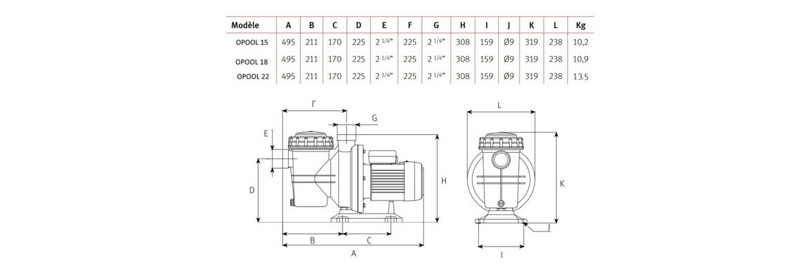 dimensions de la Pompe de filtration piscine O'Pool