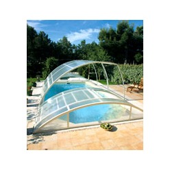 Abris piscine bas clair 14m x 6m à poser sur terrasse avec escalier