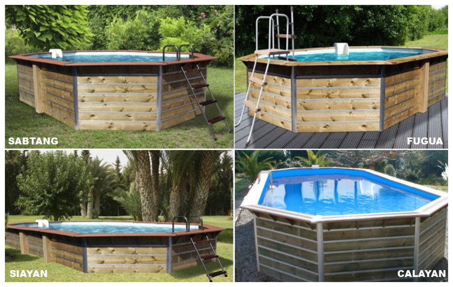 Piscine bois octogonale allongée Waterclip en situation