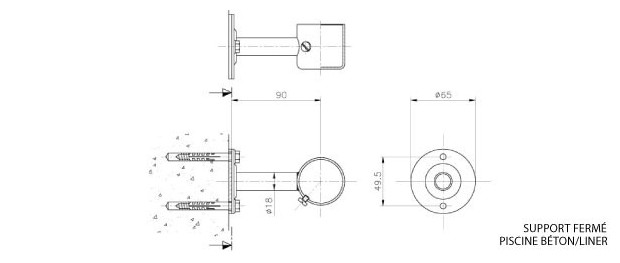 rampe inox - support fixation droit fermé beton/liner