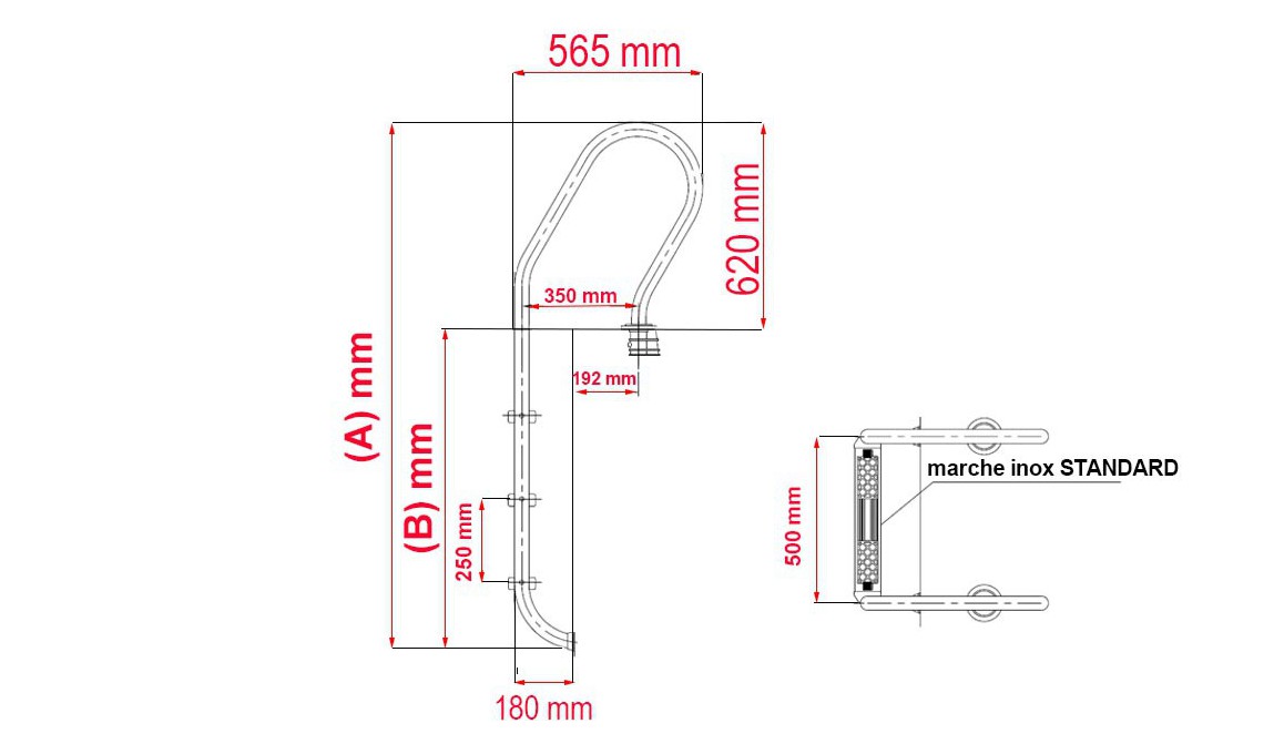 dimensions de l'échelle mixte en inox pour piscine enterrée