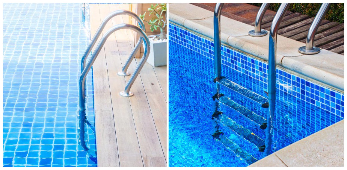 détails de l'échelle mixte tout inox pour piscine enterrée
