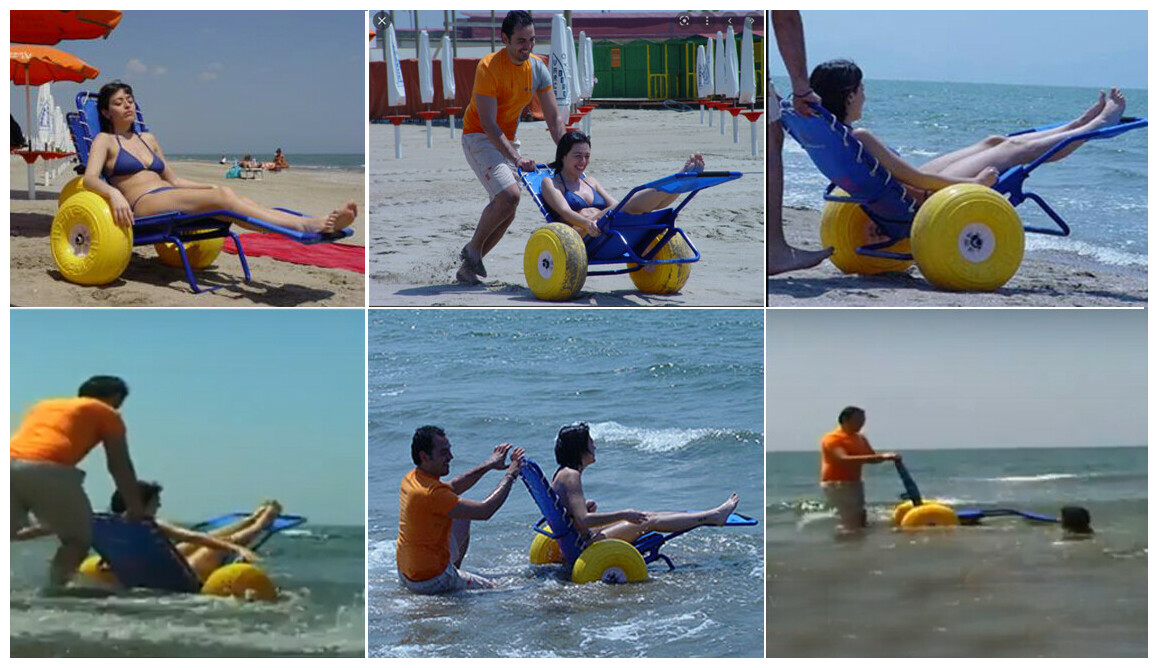 utilisation à la plage du fauteuil de mise à l'eau pour personnes à mobilité réduite Axsol Job Classic
