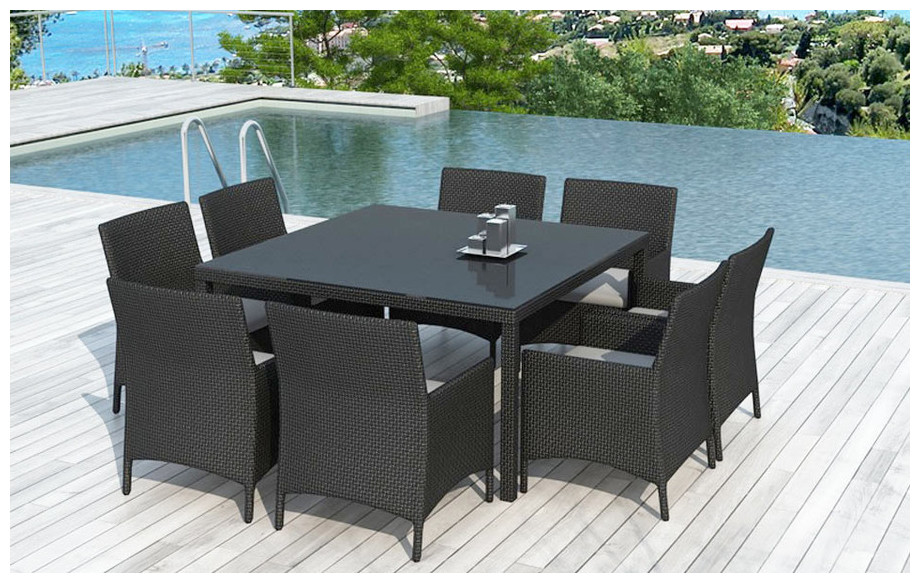 Table et chaises de jardin Leda en résine tressée noire
