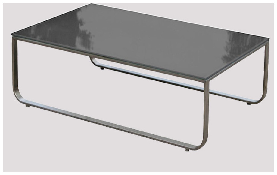 Détail table basse du salon bas de jardin d'extérieur St Barth en acier brossé et tissus Oléfine taupe