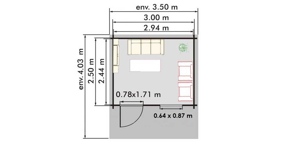 plan de l'abri en bois de jardin Honey simple porte de Luoman en situation