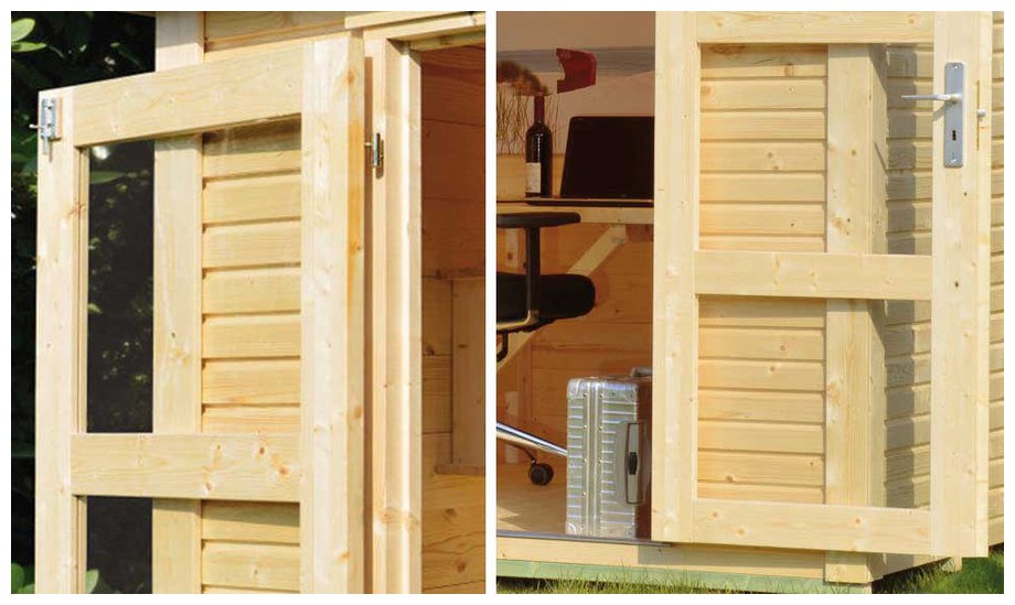 Détail de la double porte de l'abri en bois de jardin Cherokee de Luoman en situation