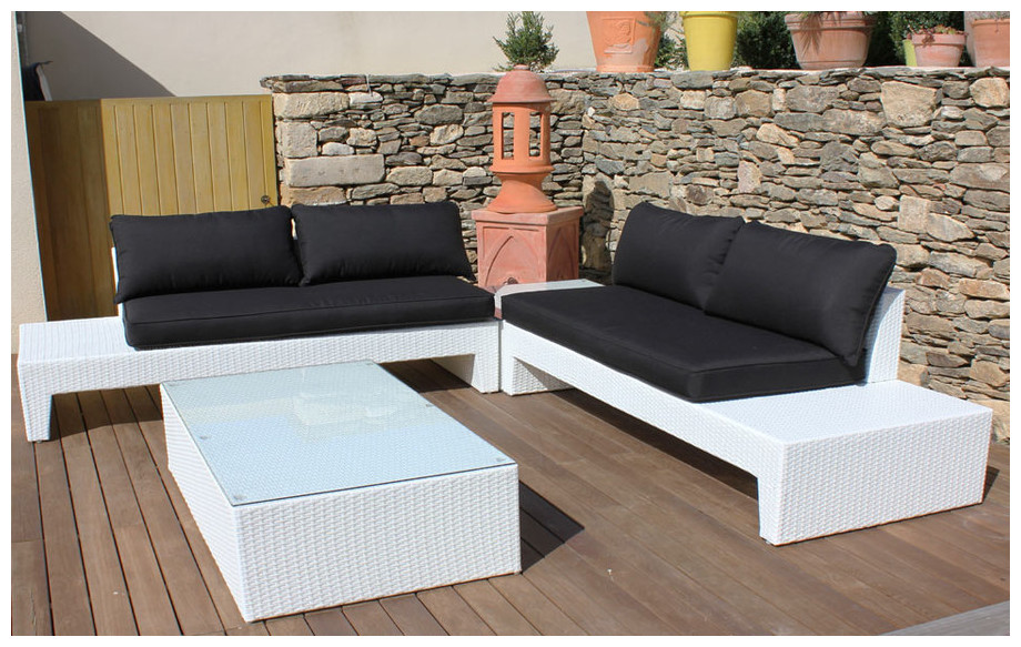 Salon de jardin bas d'extérieur en résine tressé plate blanche Hawai noir