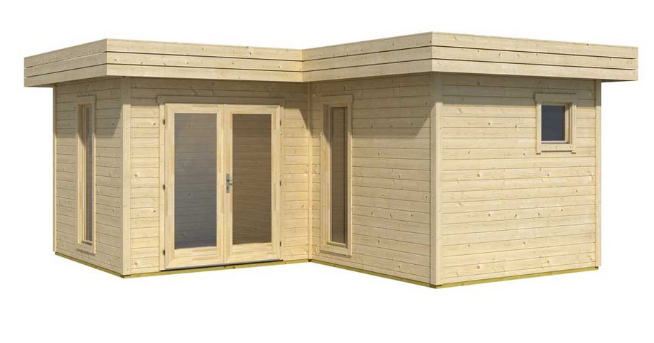 Détail des matériaux de l'abri de jardin en bois contemporain Fiji Lasita Maja en situation