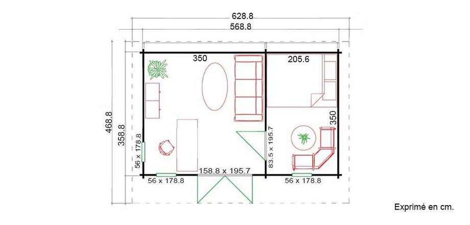 plan de l'abri de jardin contemporain en bois Barbados 4 Lasita Maja en situation
