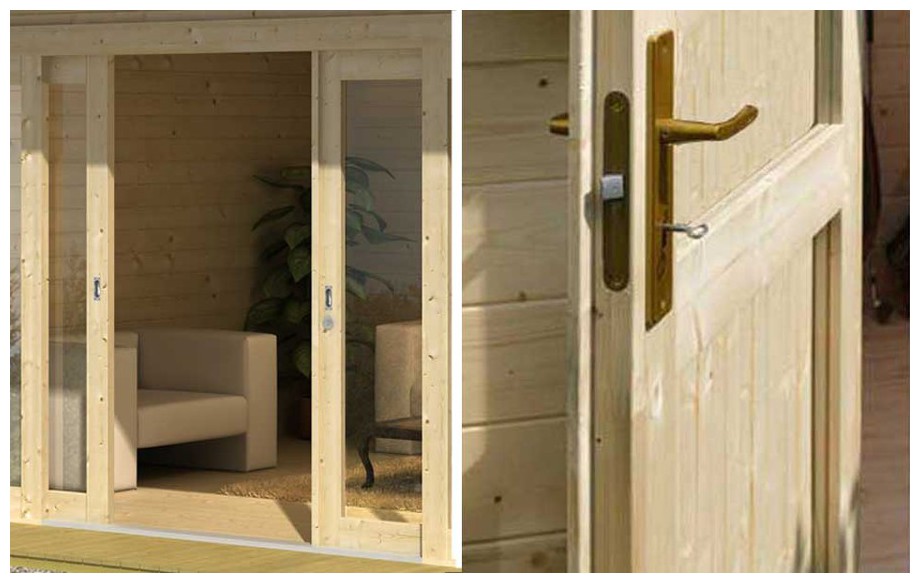 détail de la porte de l'abri de jardin contemporain en bois Java Lasitamaya en situation