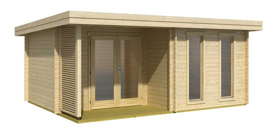 Détail des matériaux de l'abri de jardin en bois contemporain Orkney Lasita Maja en situation
