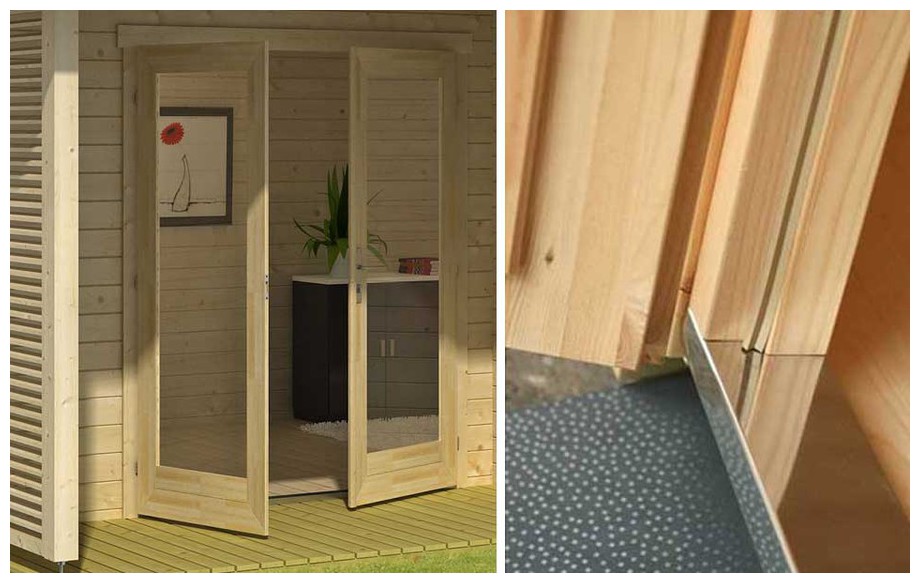 détail de la porte de l'abri de jardin contemporain en bois Orkney Lasitamaya en situation