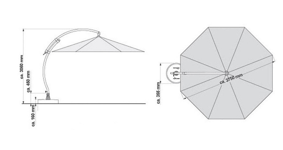 Croquis des dimensions du parasol déporté XL375 en Oléfin terracotta