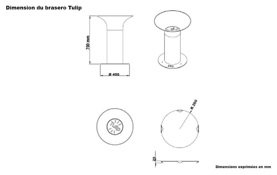 dimension du brasero Tulip 700 de Theus en situation