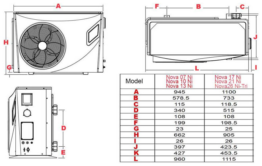 dimension de la pompe à chaleur de piscine Pacfirst Nova Inverter