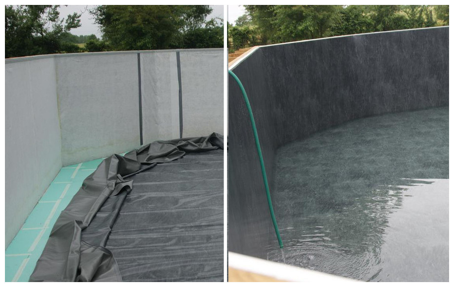 piscine bois octogonale allongée Woodfirst Originale tapis et feutre
