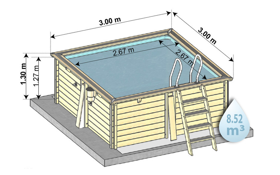 kit piscine woodfirst original 300x300x133 en bois - schema dimensions