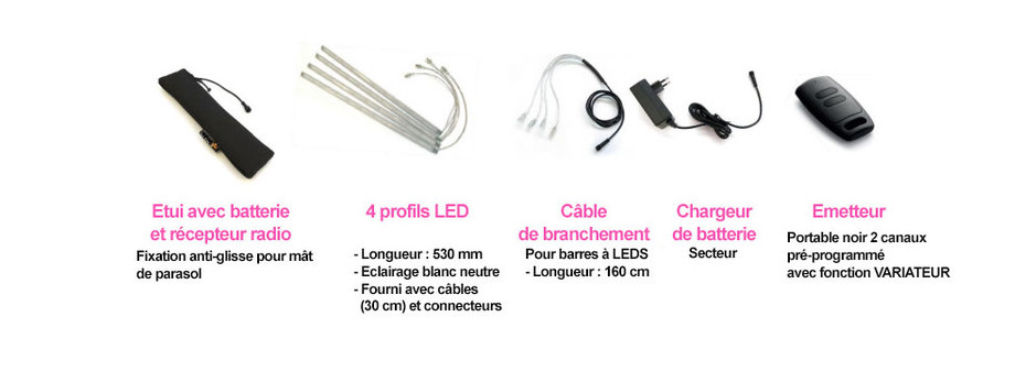 Accessoires inclus dans le kit LED sans fil pour parasol