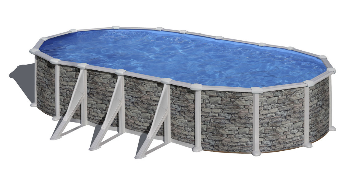 piscine hors sol ovale en acier aspect pierre gré avec renforts apparents