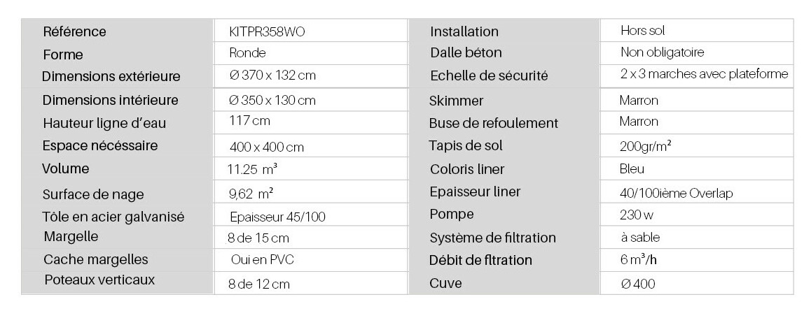 caractéristiques du Kit piscine aspect bois ronde Mauritius - Ø 350 x H.132 cm