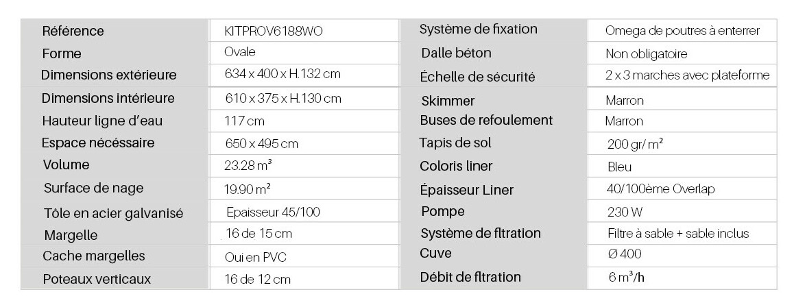 caractéristiques du Kit piscine aspect bois ovale Amazonia - 610 x 375 x H.132 cm