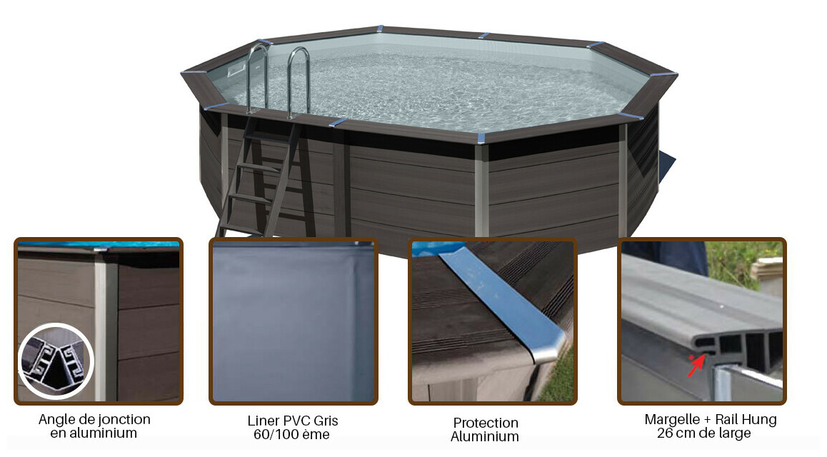 structure de la piscine composite octogonale allongée - 5.24 m x 3.86 m x H.1.24 m