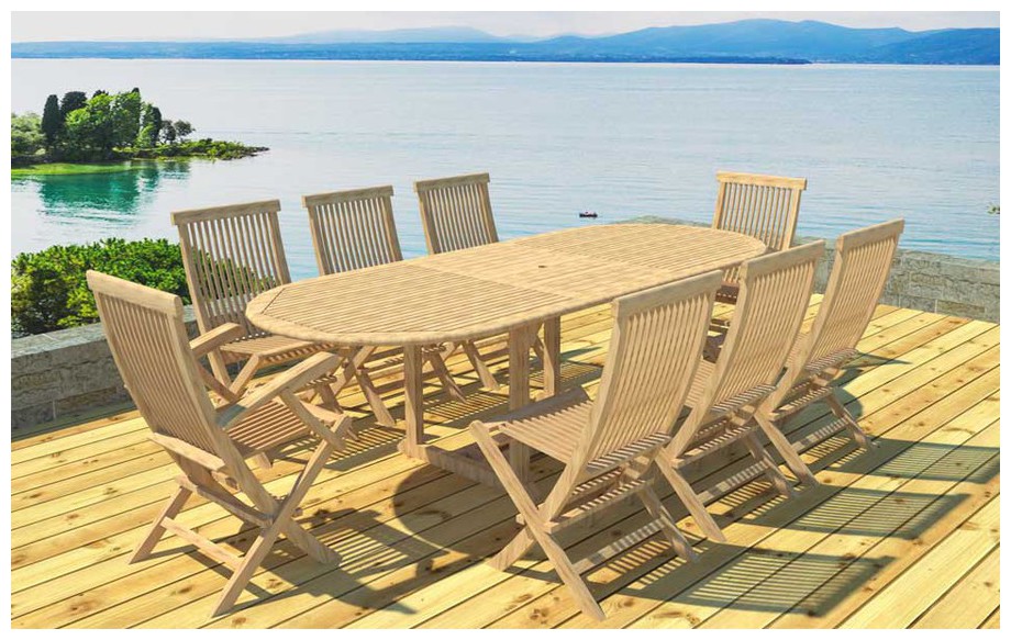Ensemble repas en teck table ovale et 6 chaises et 2 fauteuils en situation 2