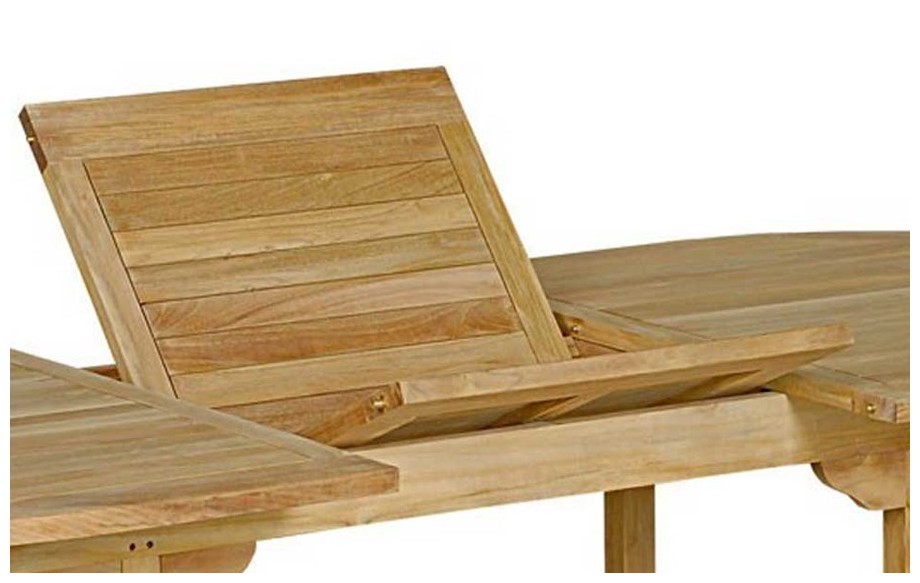 détail de la rallonge papillon de la table de jardin en teck Lynco