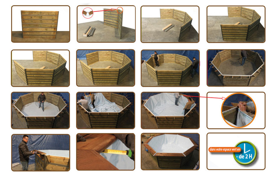 montage de la structure de la piscine bois waterclip EN SITUATION