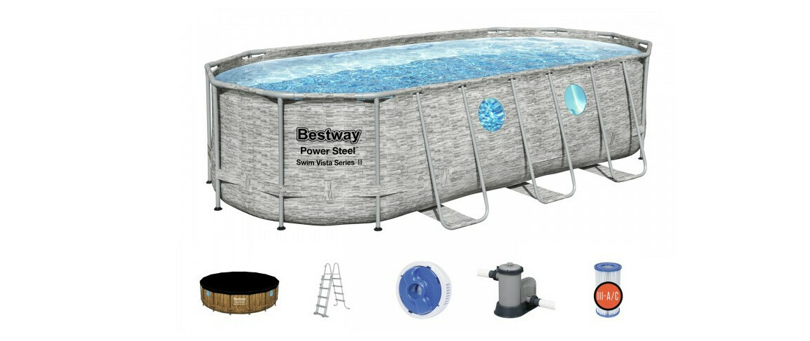 équipement de la piscine Piscine hors sol Swim Vista ovale effet pierre grises - 5.49x2.74xH.1.22 m