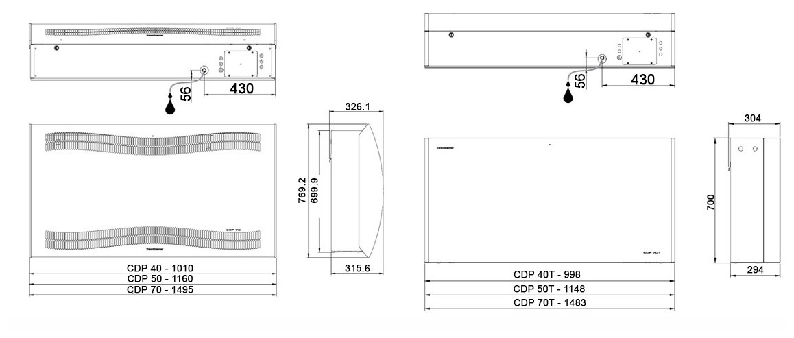 schéma des dimensions des déshumidificateurs teddington cdp