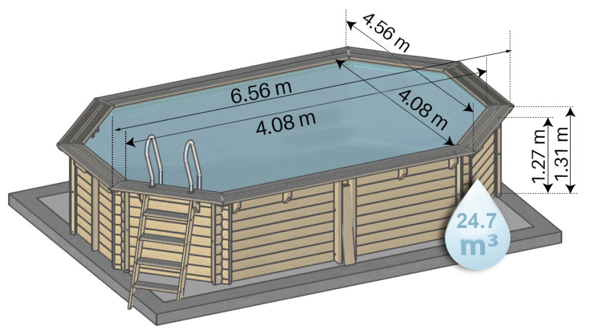 schéma des dimensions de la piscine bois woodfirst original octogonale allongé 656