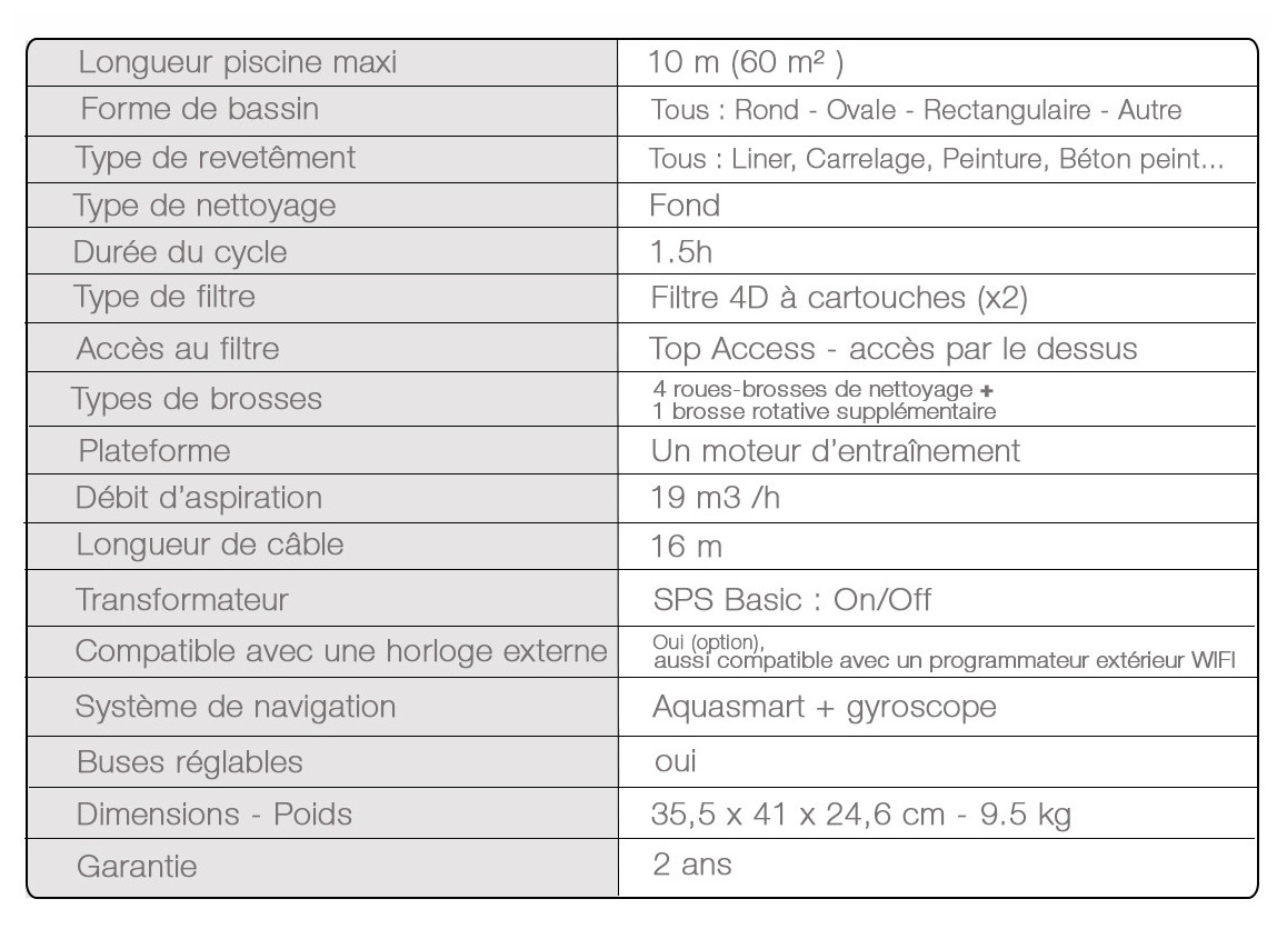 caractéristiques du robot piscine B100 BWT Aquatron