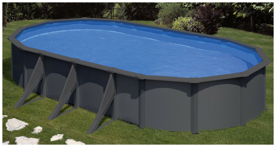 Kit piscine acier ovale grise aspect graphite - 7.44 x 3.99 x H.1.22 m