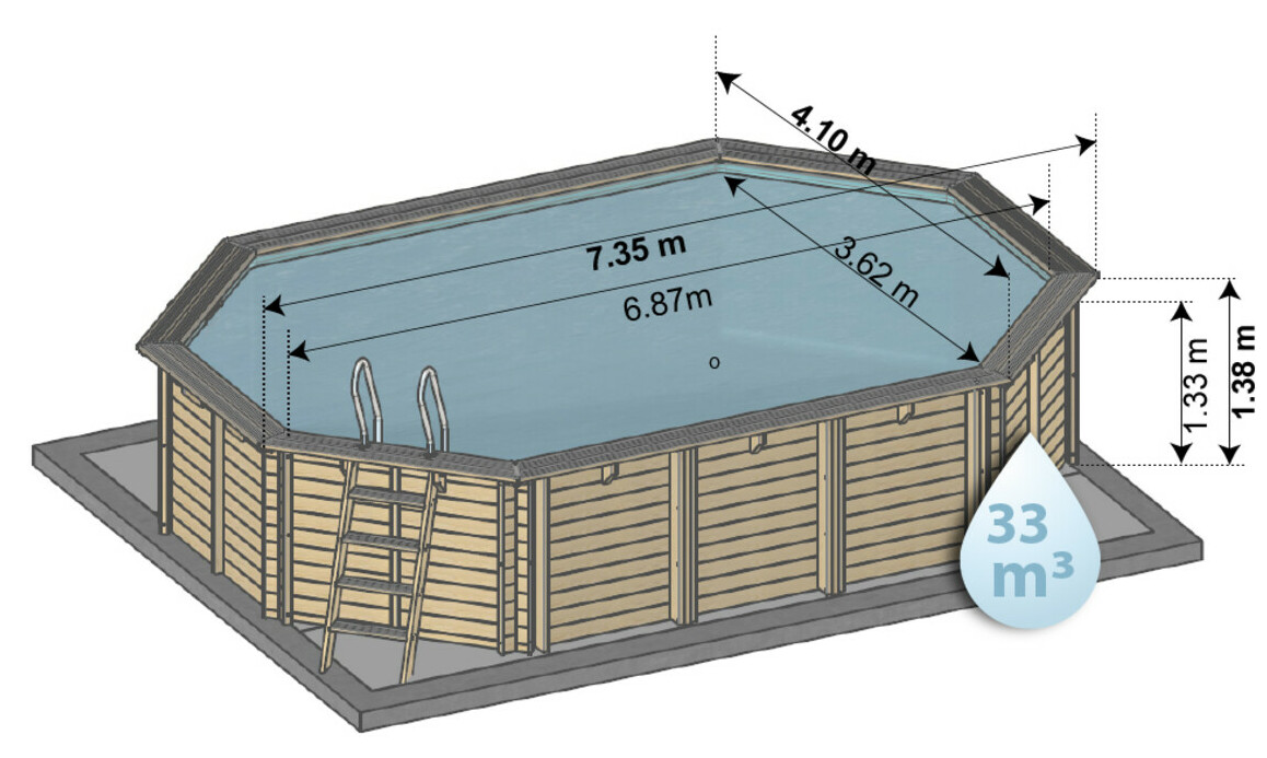 dimensions de la piscine bois octogonale allongée 735 x 410 x 138 cm