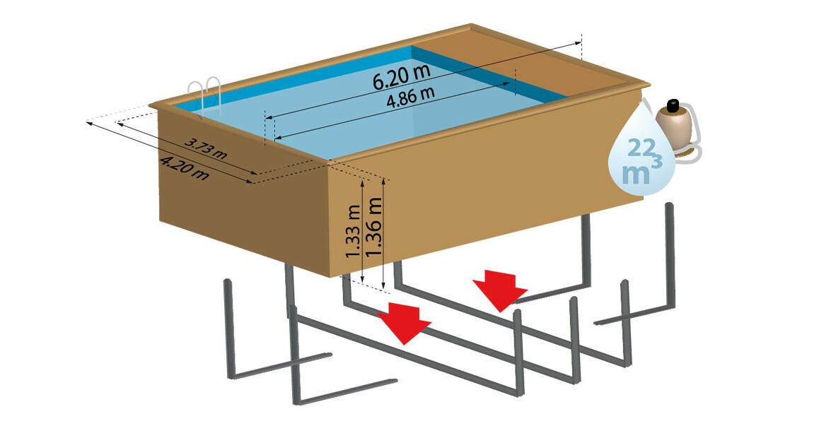 dimensions de la Piscine bois rectangle Woodfirst Original Evora Plus - 620 x 4.20 x 136 cm