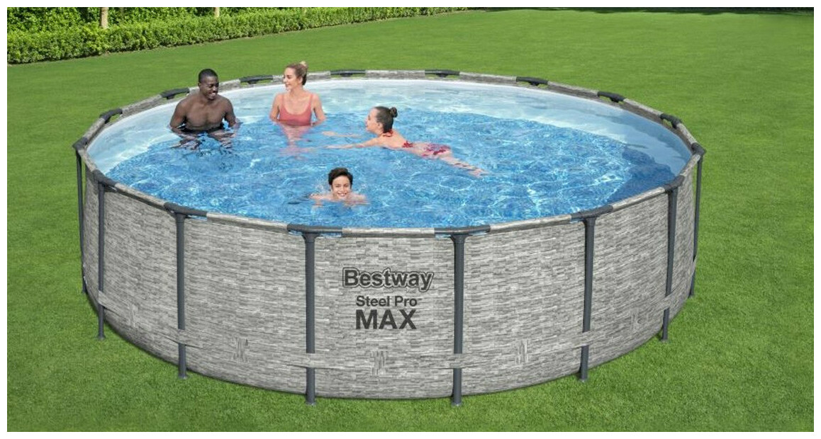 Piscine hors sol Steel Pro Max™ ronde effet pierre -Ø 4.88 x H.1.22 m EN SITUATION