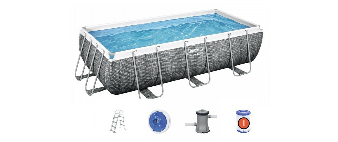 équipement de la piscine hors sol Power Steel rectangle rotin gris - 4.04 x 2.01 x H.1 m