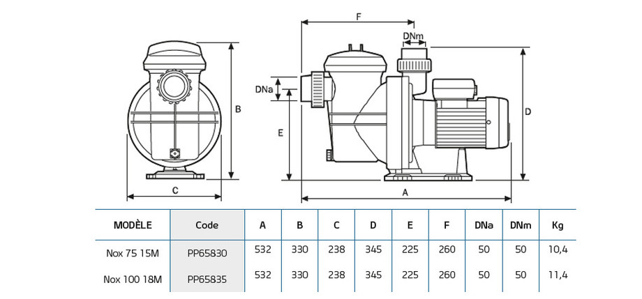 dimensions de la pompe de filtration nox 75 15 - 10018 m 