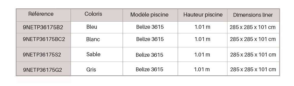 caractéristiques du Liner pour piscine bois Northland 75/100 ème - Belize 3615 H.101 cm