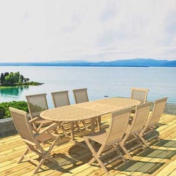 Salon repas ovale en teck 8 places avec 2 fauteuils